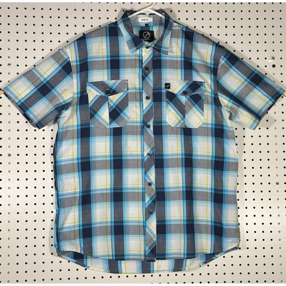 Southpole Mens XXL Blue Grey Yellow Plaid Short Sleeve Button Down Shirt 80815